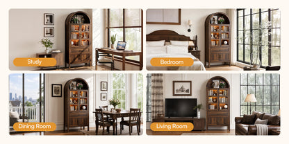 71'' Tall Full Wood Arched Storage Cabinet Adjustable Shelves Bookcase With LED Lights