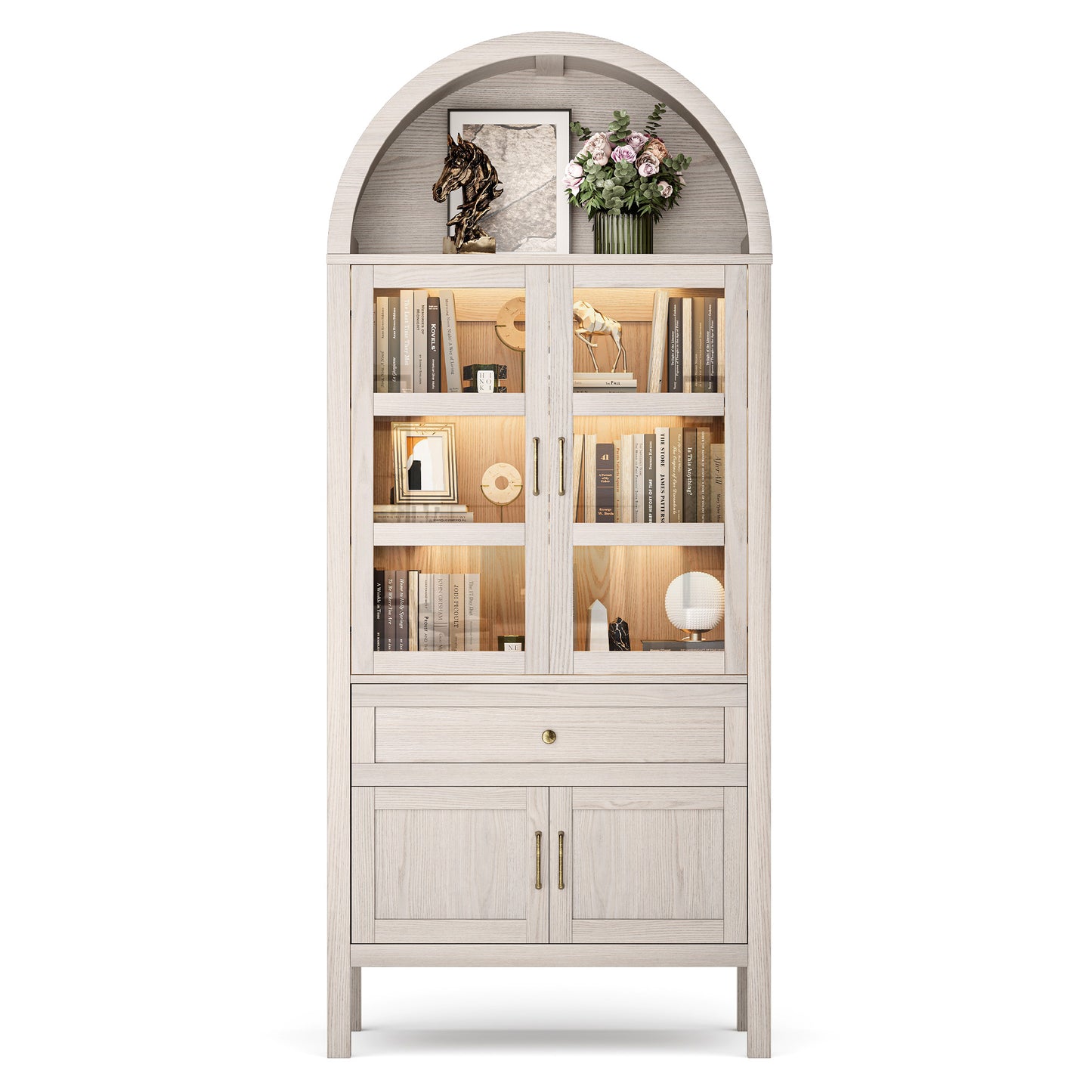 71'' Tall Full Wood Arched Storage Cabinet Adjustable Shelves Bookcase With LED Lights