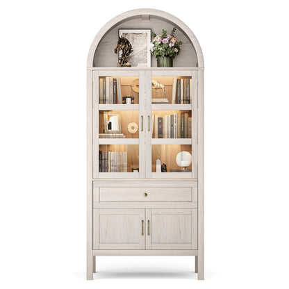 71'' Tall Full Wood Arched Storage Cabinet Adjustable Shelves Bookcase With LED Lights