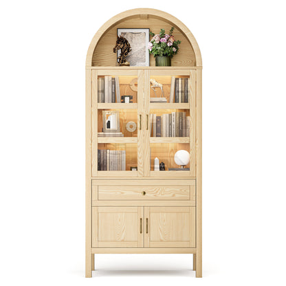71'' Tall Full Wood Arched Storage Cabinet Adjustable Shelves Bookcase With LED Lights