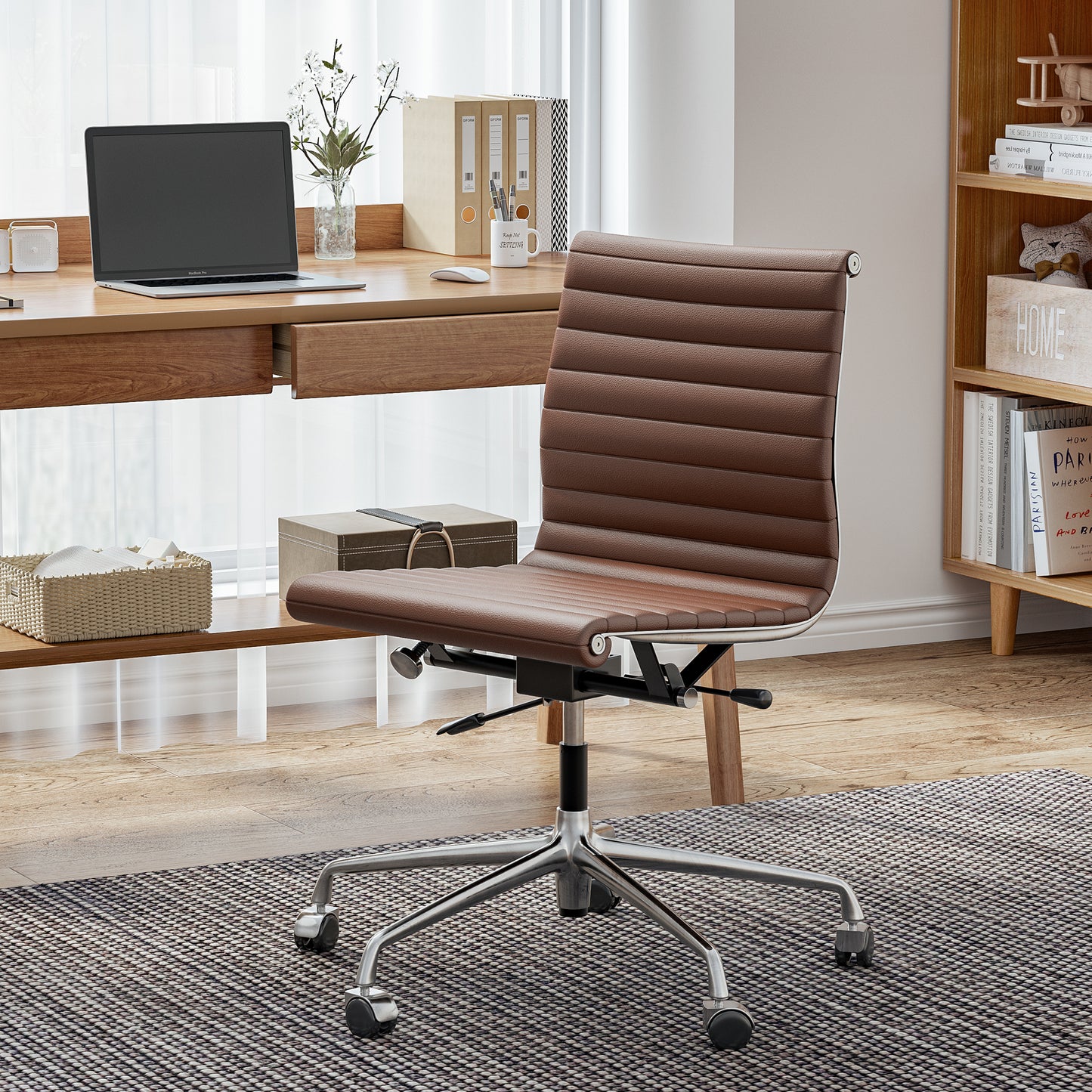 Ribbed Genuine Leather Armless Executive Swivel Eames office chair
