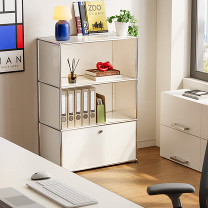 White USM Haller Style Modular Storage Cabinet – 3-Tier Chrome Frame Cabinet