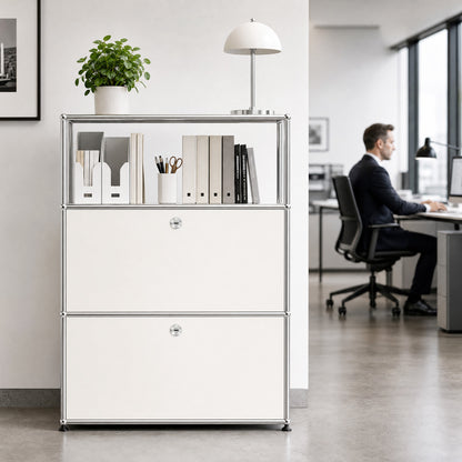 White USM Haller Style Modular Storage Cabinet with Open Shelf & Lockable Doors