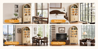 71'' Tall Full Wood Arched Storage Cabinet Adjustable Shelves Bookcase With LED Lights