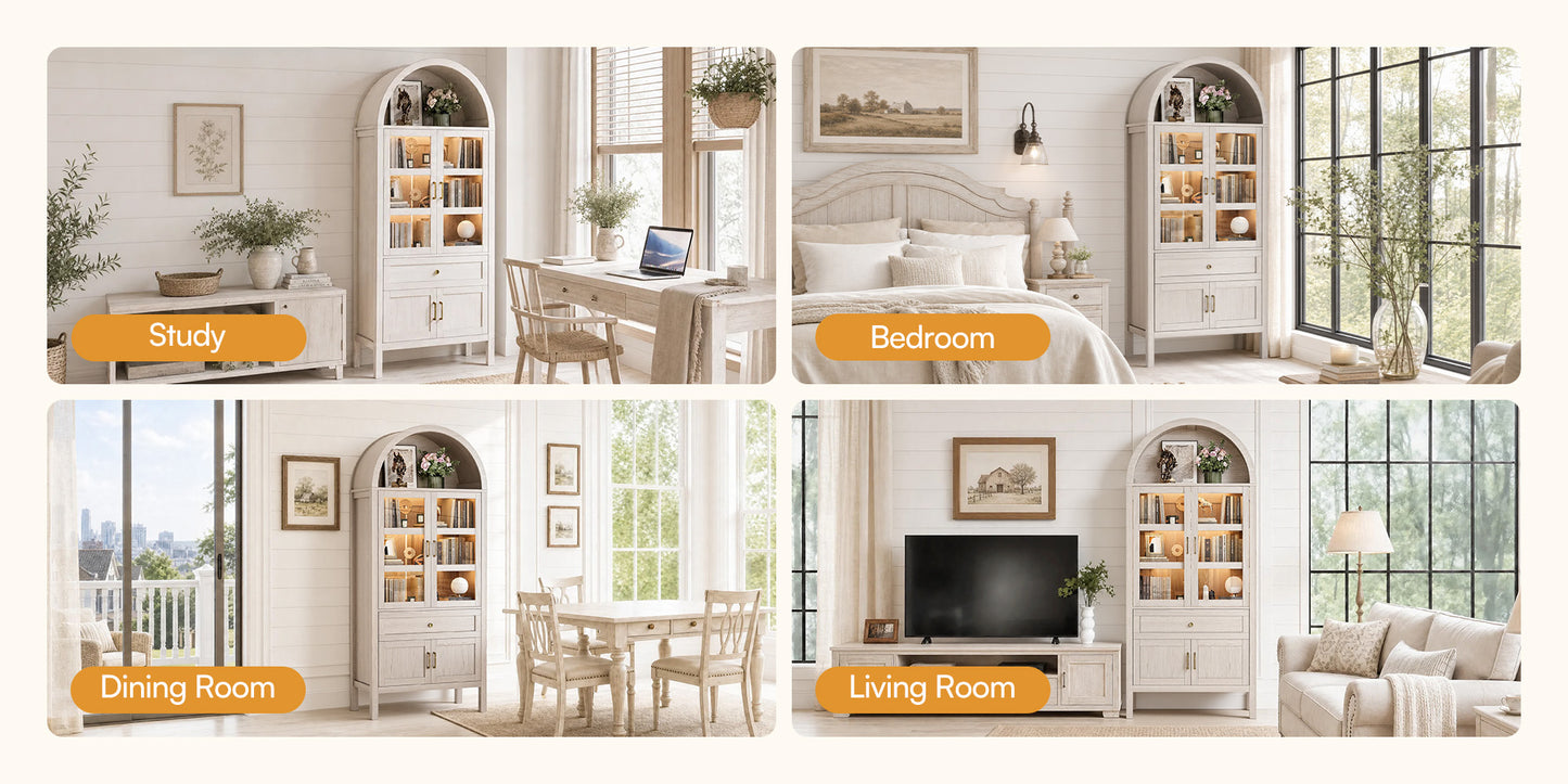 71'' Tall Full Wood Arched Storage Cabinet Adjustable Shelves Bookcase With LED Lights