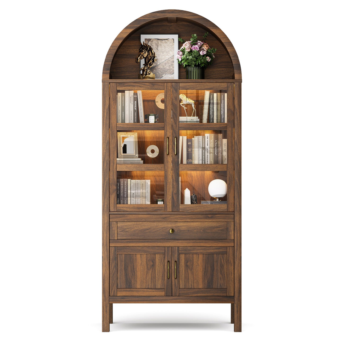 71'' Tall Full Wood Arched Storage Cabinet Adjustable Shelves Bookcase With LED Lights