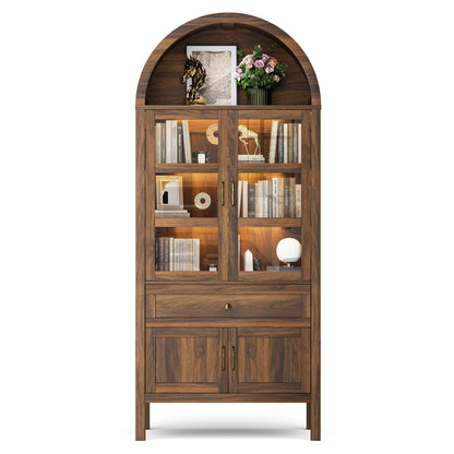 71'' Tall Full Wood Arched Storage Cabinet Adjustable Shelves Bookcase With LED Lights