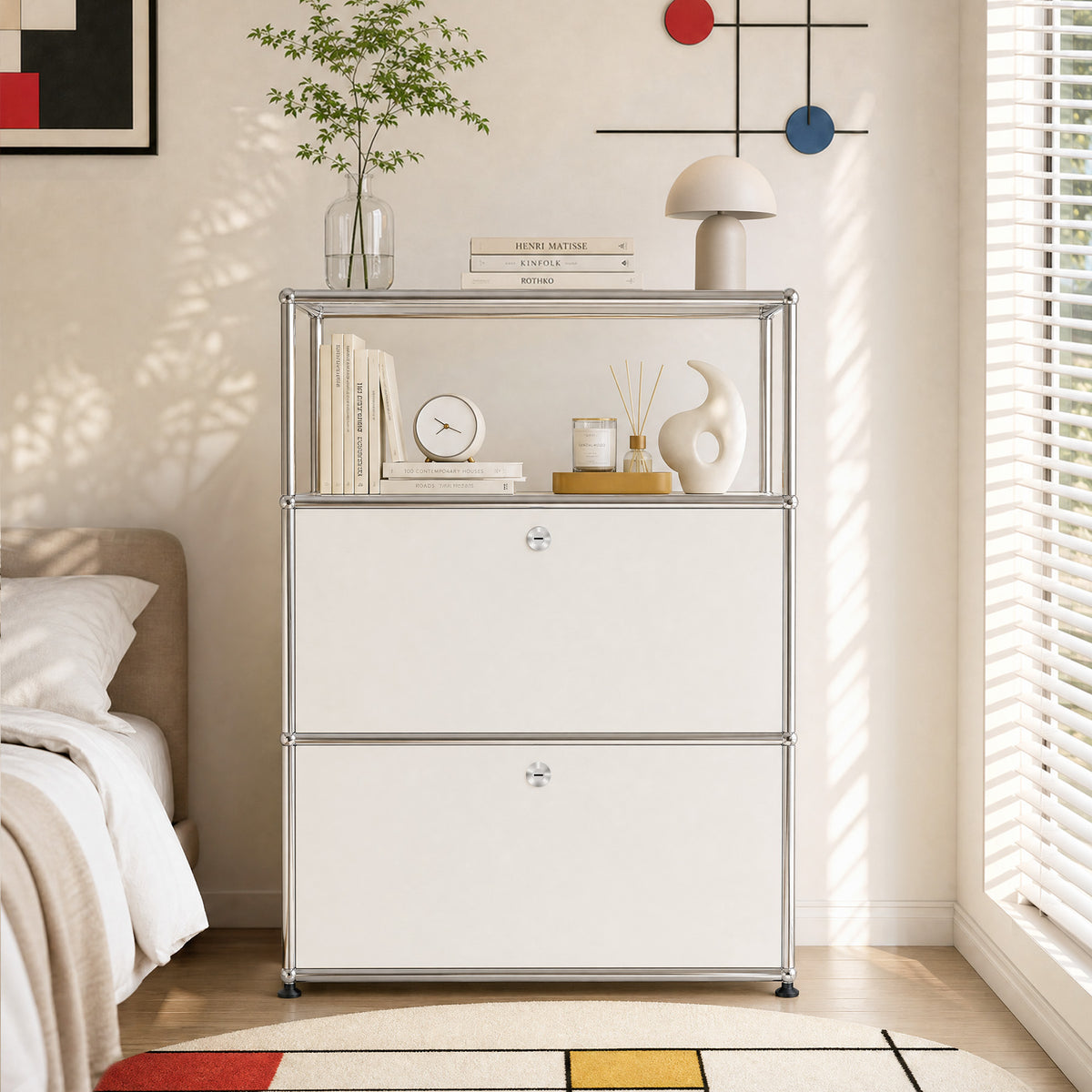 White USM Haller Style Modular Storage Cabinet with Open Shelf & Lockable Doors
