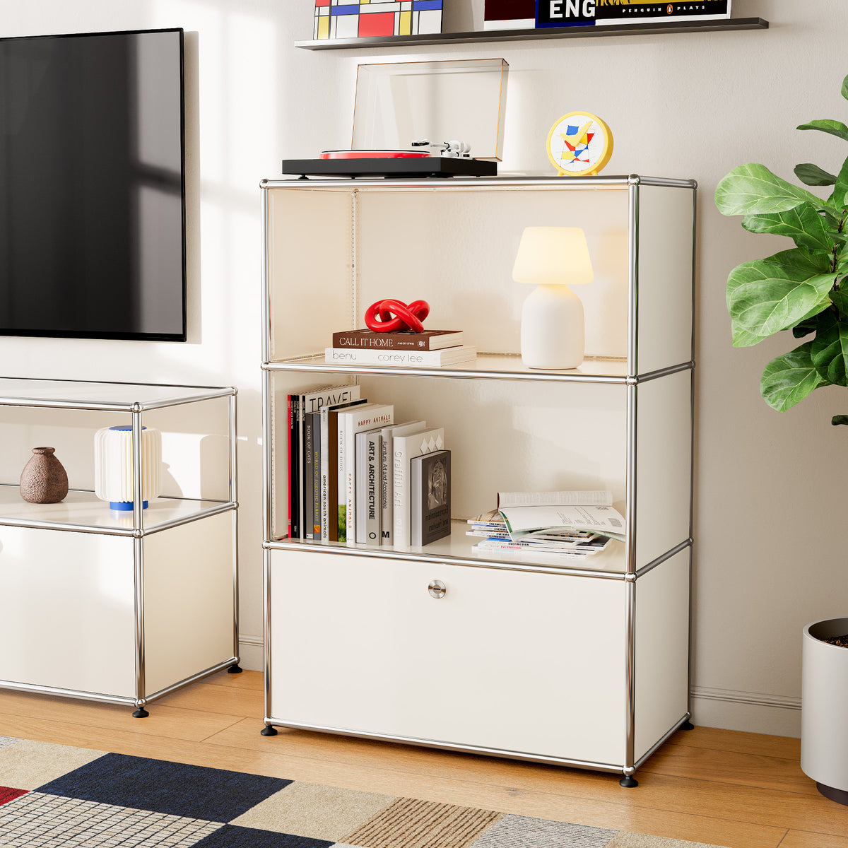 White USM Haller Style Modular Storage Cabinet – 3-Tier Chrome Frame Cabinet