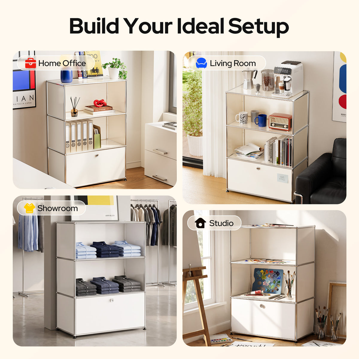 White USM Haller Style Modular Storage Cabinet – 3-Tier Chrome Frame Cabinet