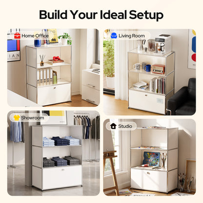 White USM Haller Style Modular Storage Cabinet – 3-Tier Chrome Frame Cabinet