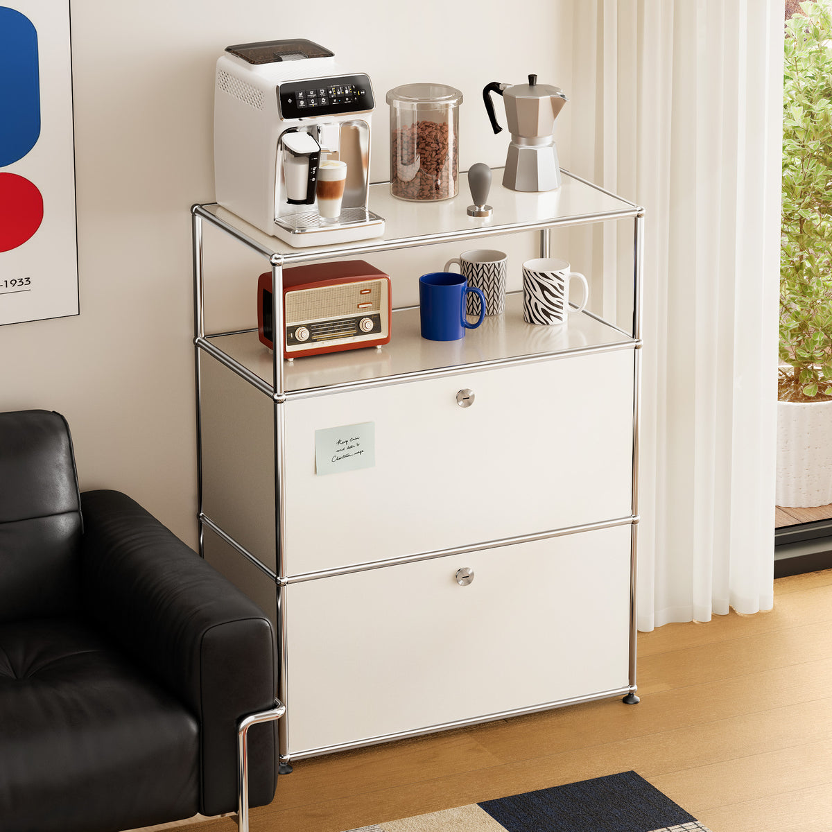 White USM Haller Style Modular Storage Cabinet with Open Shelf & Lockable Doors